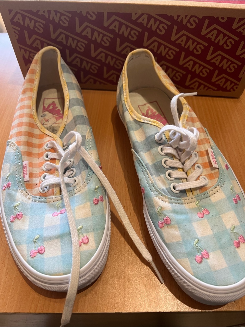 Vans Women's Pastel Gingham Cherry Embroidered Sneakers - Pink/Blue